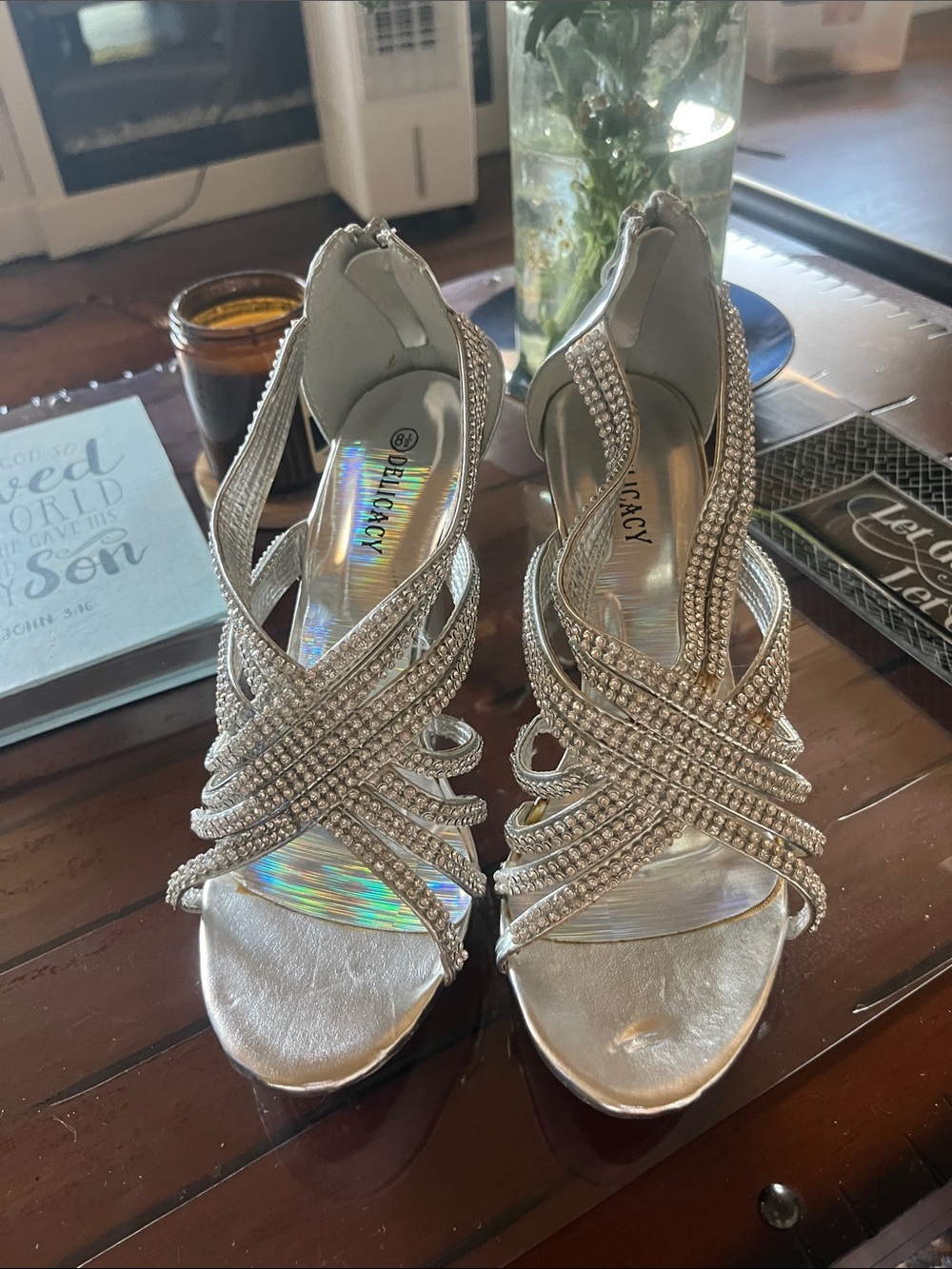 LIKE NEW Silver Crystal-Strap Dress Heels